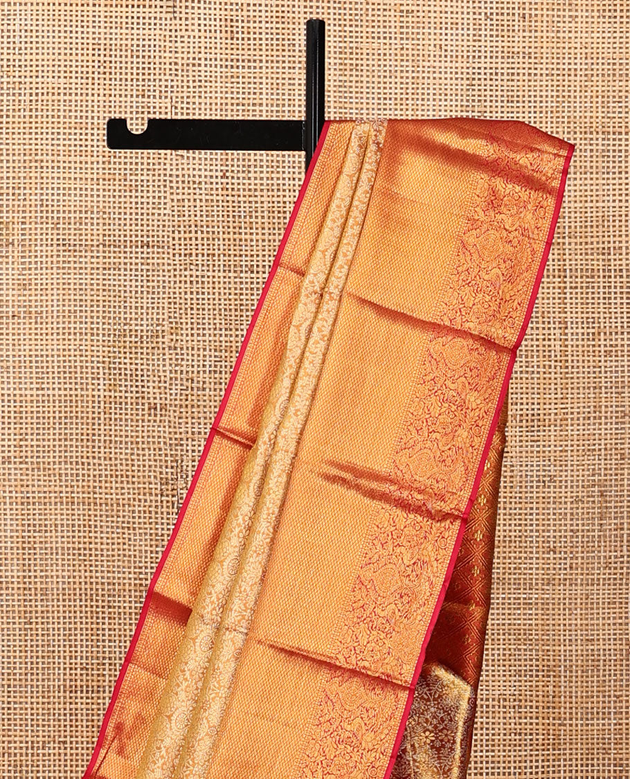 Red Kanchipuram Tissue Silk Saree, Opulently Embellished with Jacquard Design, Complemented by Contrast Border of Kathir, Mayil Kann, and Mayil, Grand Pallu, and Contrast Blouse