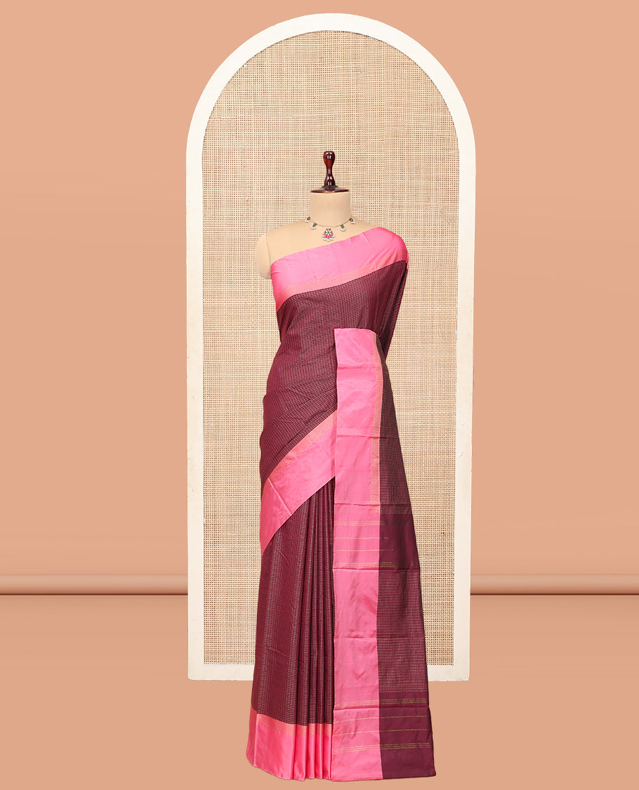 Maroon Arani Saree, Enriched with Zari Checks, a Contrast Border, Zari Design Pallu, and a Matching Blouse