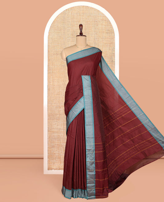 Maroon Aarani Gift Saree, Adorned with Plus-Shaped Buttas on Its Body, Complemented by a Contrast Striped Border, Subtle Striped Pallu, and Paired with a Matching Blouse