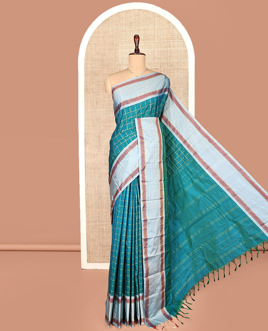 Green Aarani Gift Saree, Mesmerized with Checks on Its Body, Complemented by a Contrast Border, a Pallu of Stripes, and Paired with a Matching Blouse
