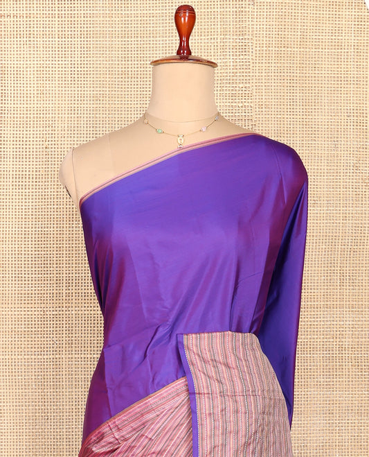 Borderless Violet and Pink Aarani Silk Saree, Adorned with Plain and Muthu Stripes All Over Its Body, Complemented by a Pallu of Stripes, and Paired with a Matching Blouse