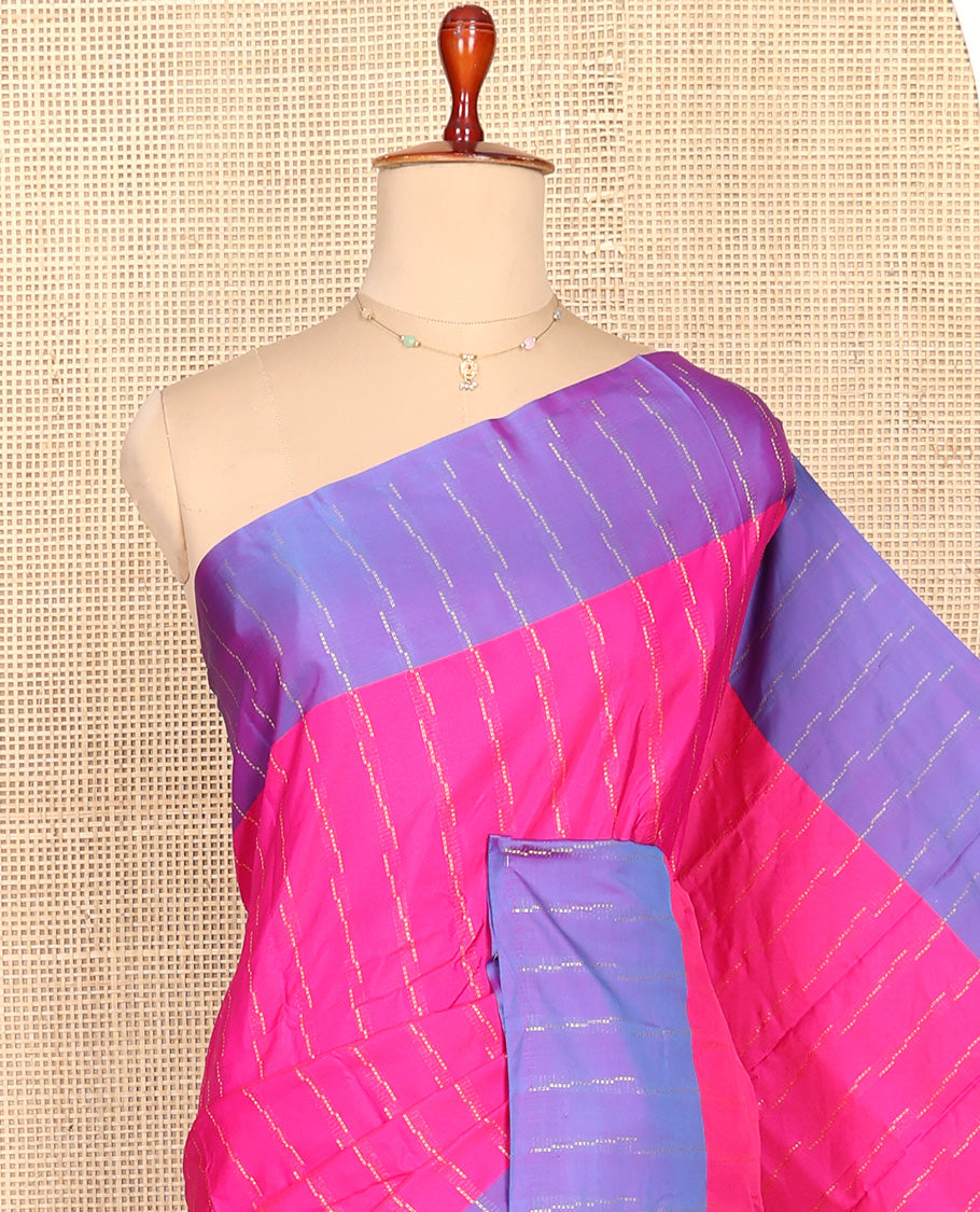 Pink Aarani Silk Saree, Accentuated with Zari Stripes All Over Its Body, Complemented by a Contrast Zari Striped Border, Pallu of Zari Stripes, and Paired with a Contrast Blouse