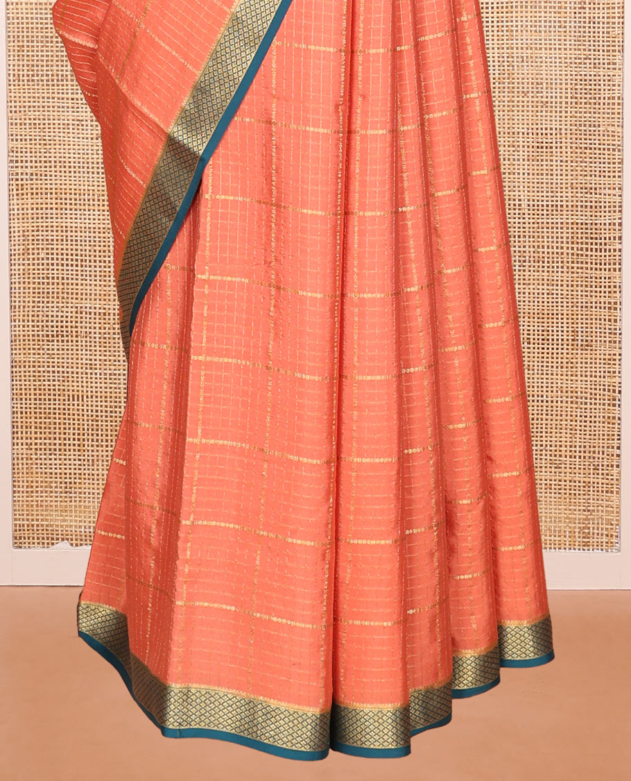 Orange Mysore Silk Saree, Gleamed Up with Zari Checked Design on Its Body, Complemented by a Contrast Traditional Zari Design Border, Sparsely Woven Pallu of Stripes, and Paired with a Contrast Blouse