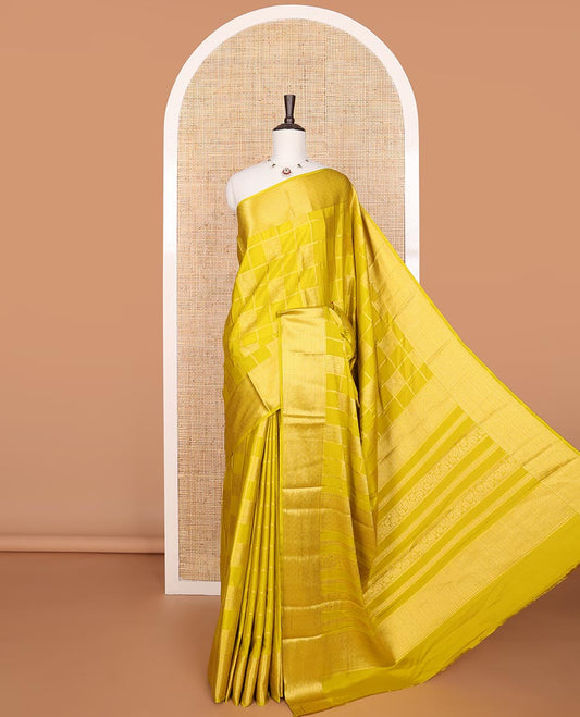 Mustard checked floral design mysore silk saree with self checked design border & floral design pallu