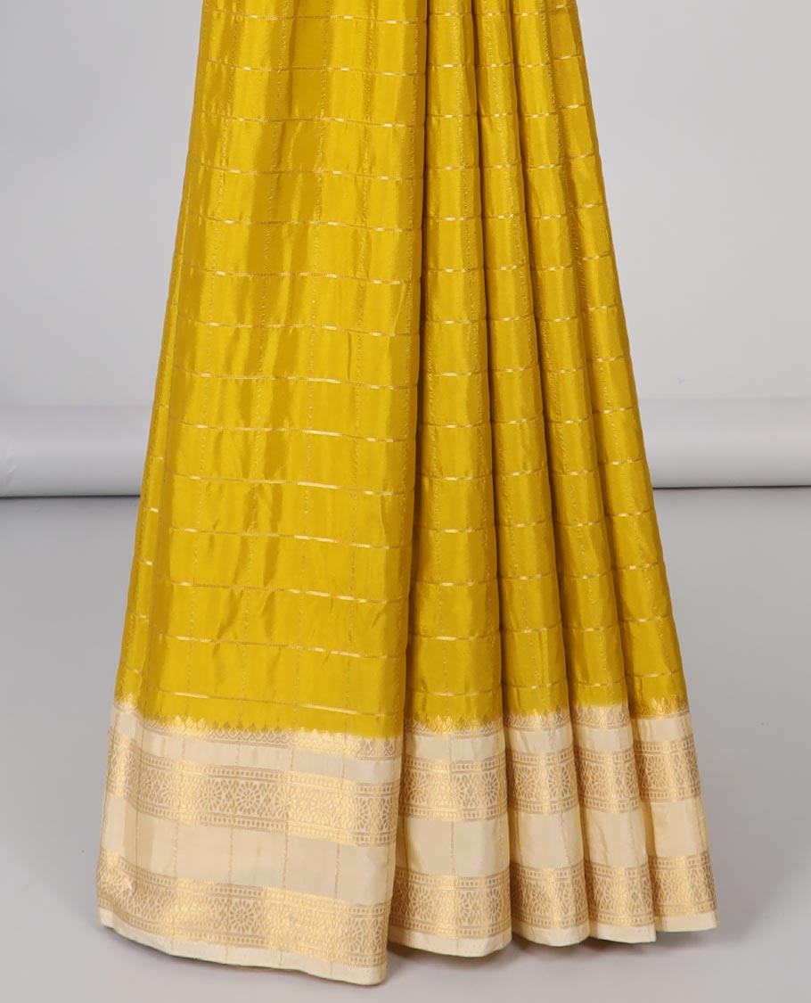 Yellow striped zari mysore silk saree with contrast striped zari design border & peacock design pallu
