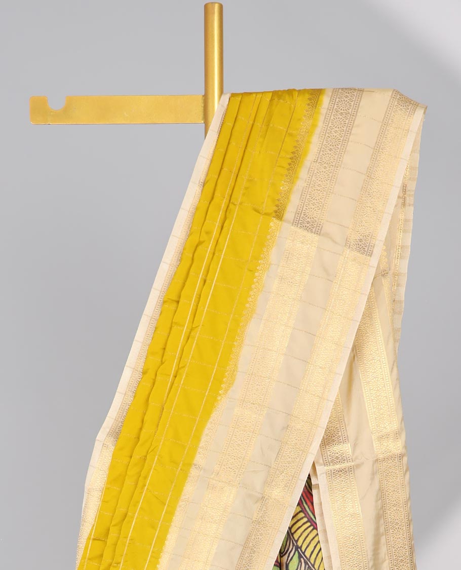 Yellow striped zari mysore silk saree with contrast striped zari design border & peacock design pallu
