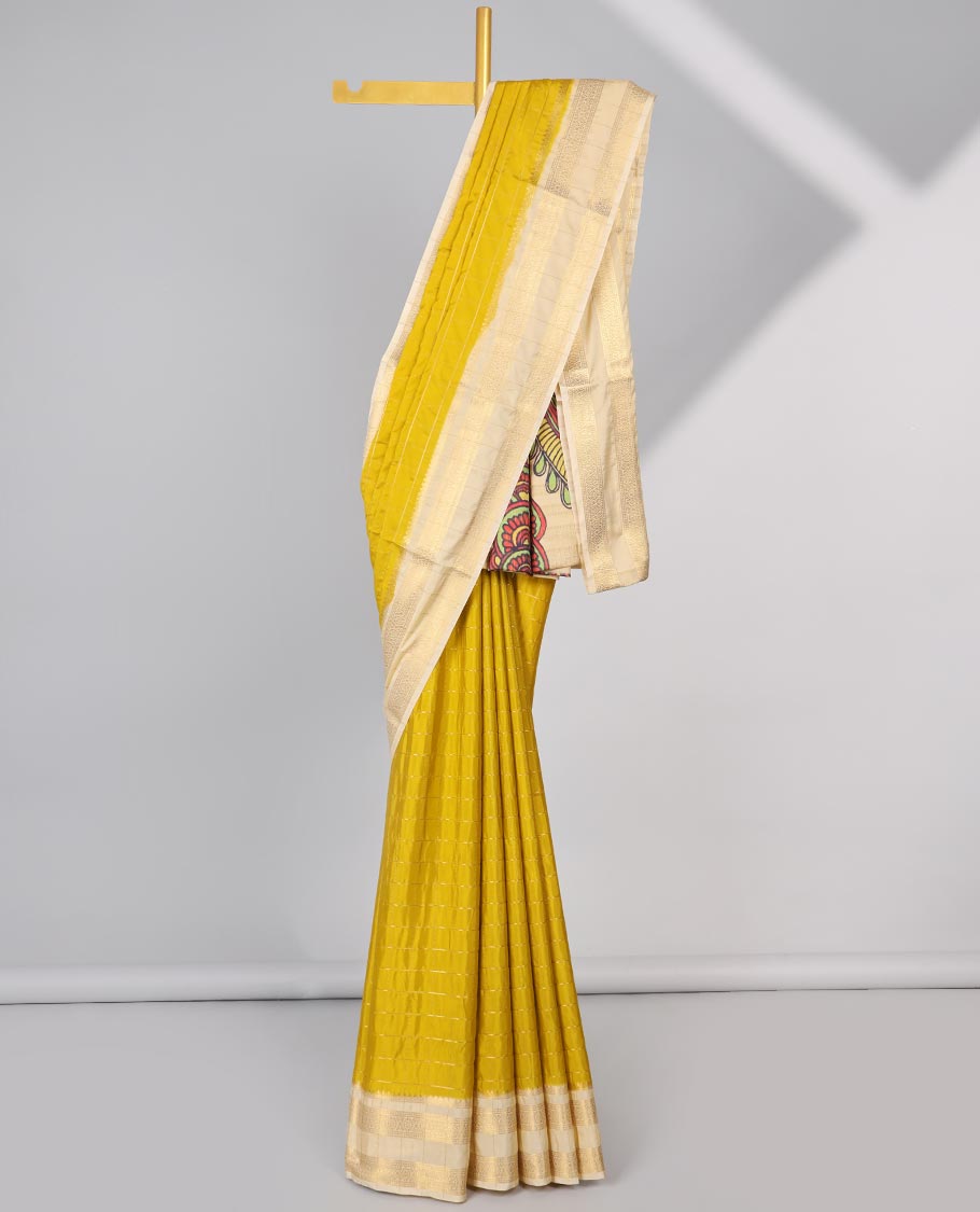 Yellow striped zari mysore silk saree with contrast striped zari design border & peacock design pallu