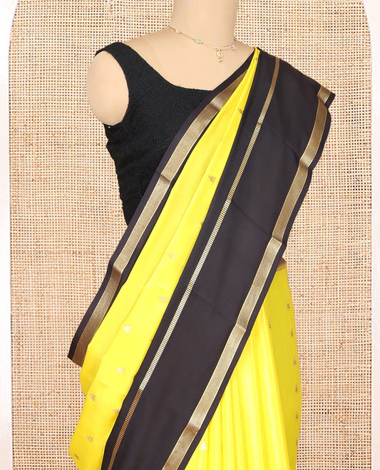 Yellow Mysore Silk Saree, Gleamed Up with Zari Buttas, Complemented by a Contrast Traditional Zari Border, Grand Temple Pallu, and a Contrast Blouse