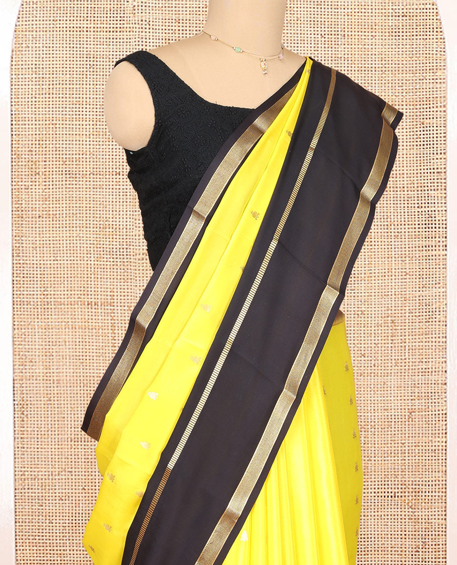 Yellow Mysore Silk Saree, Gleamed Up with Zari Buttas, Complemented by a Contrast Traditional Zari Border, Grand Temple Pallu, and a Contrast Blouse