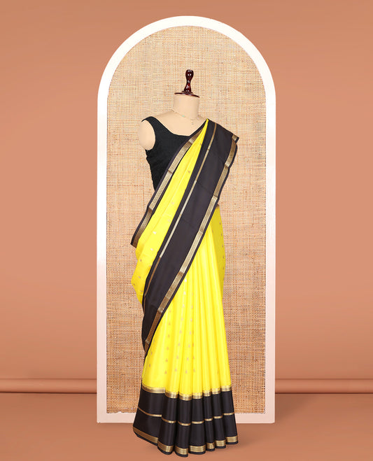 Yellow Mysore Silk Saree, Gleamed Up with Zari Buttas, Complemented by a Contrast Traditional Zari Border, Grand Temple Pallu, and a Contrast Blouse