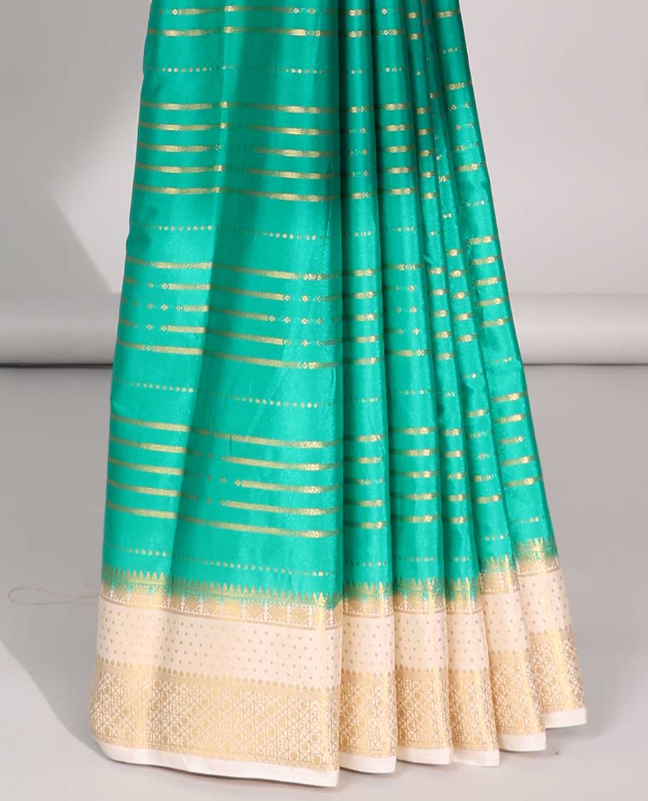 Green striped art mysore silk saree with contrast zari design border & pichwai theme design pallu