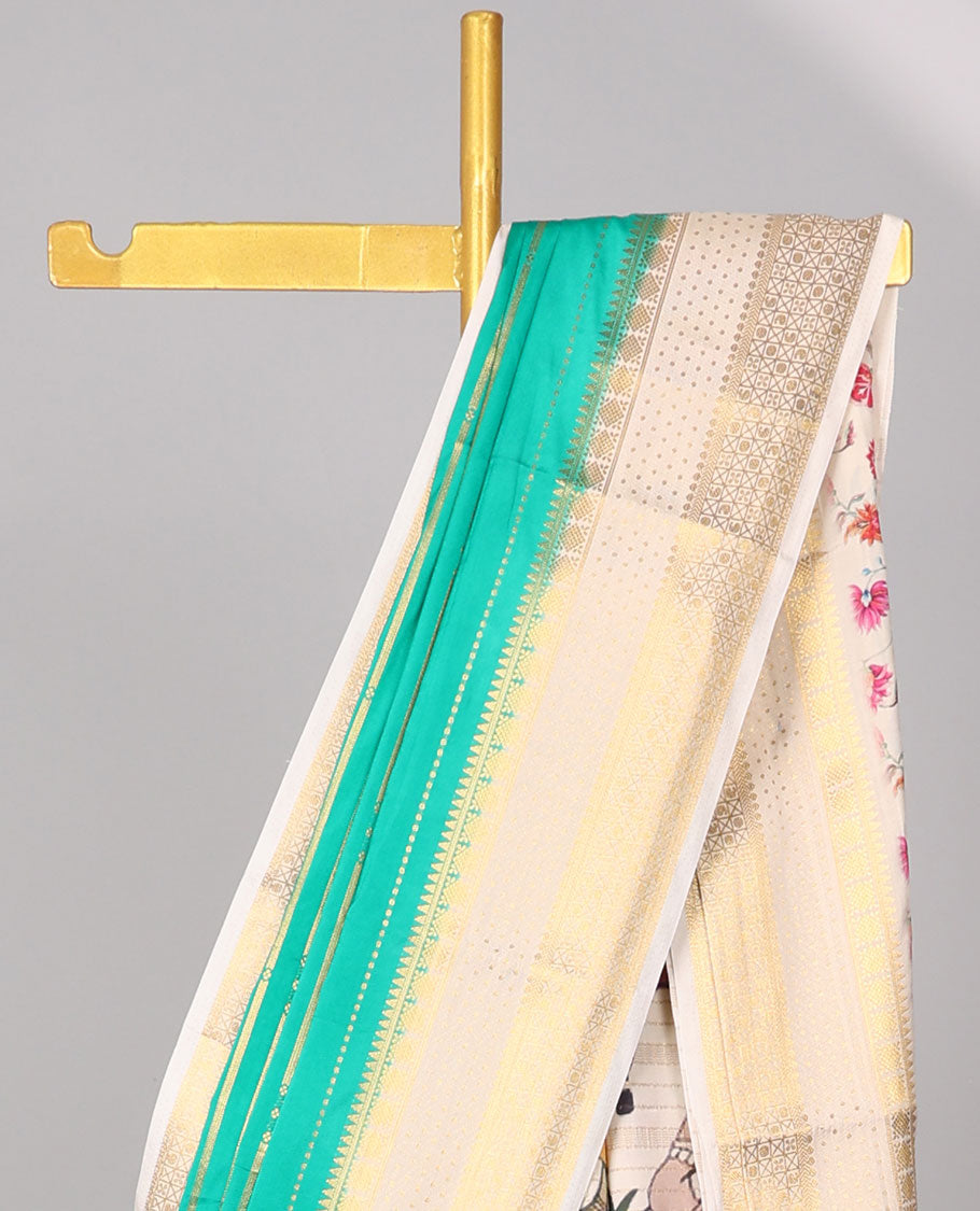 Green striped art mysore silk saree with contrast zari design border & pichwai theme design pallu