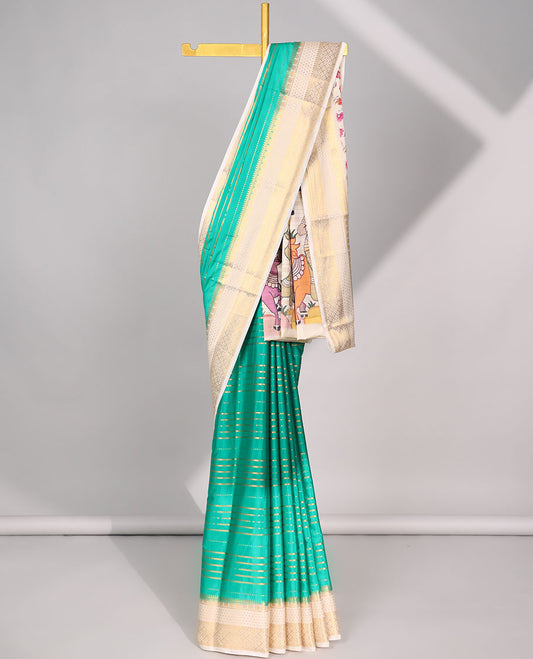 Green striped art mysore silk saree with contrast zari design border & pichwai theme design pallu