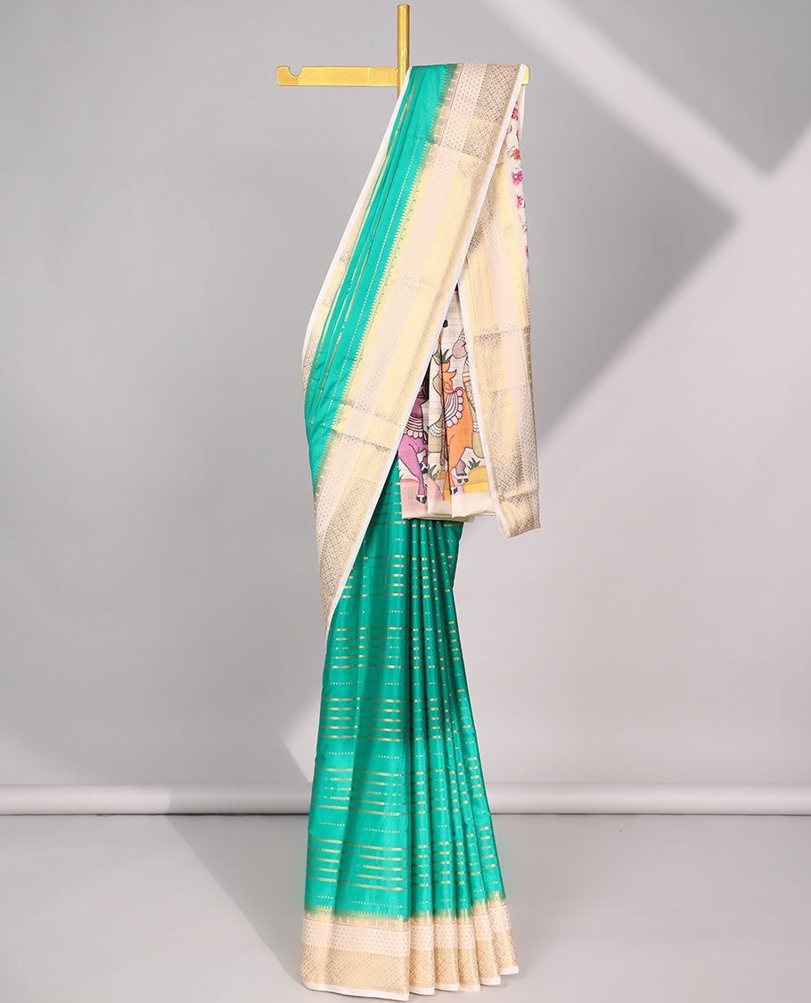 Green striped art mysore silk saree with contrast zari design border & pichwai theme design pallu