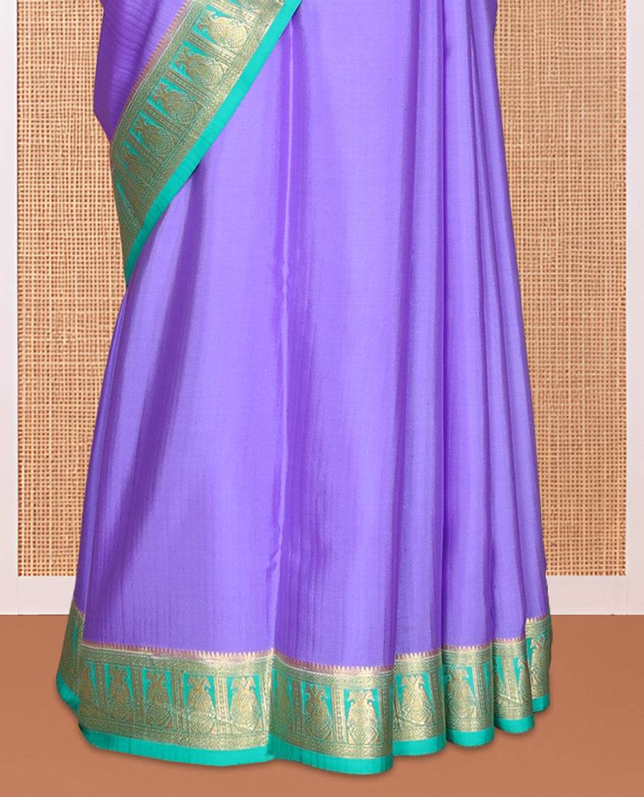 Lavender Plain Mysore Silk Saree, Complemented by a Contrast Two-Headed Bird Motifs Woven Zari Border, Intricate Pallu, and a Contrast Blouse