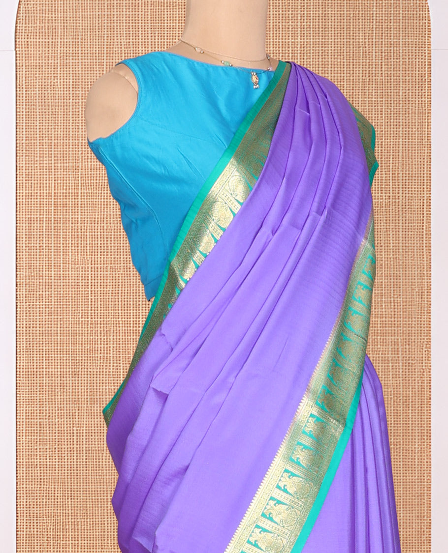 Lavender Plain Mysore Silk Saree, Complemented by a Contrast Two-Headed Bird Motifs Woven Zari Border, Intricate Pallu, and a Contrast Blouse