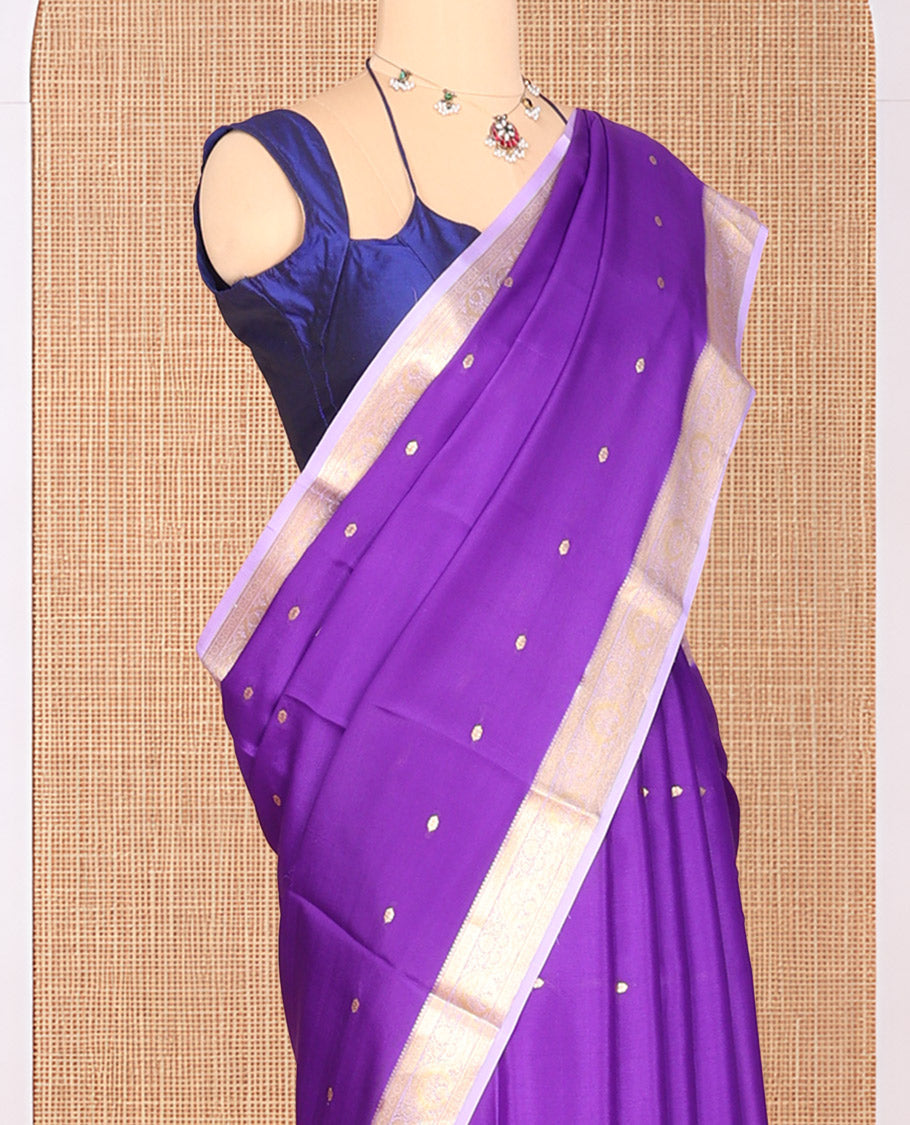 Violet Zari Buttas Mysore Silk Saree, Complemented by a Contrast Traditional Zari Border, Zari Design Pallu, and a Contrast Blouse