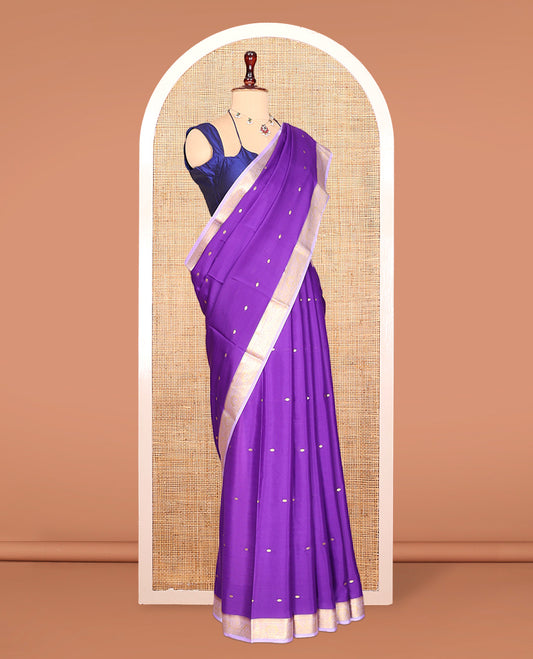 Violet Zari Buttas Mysore Silk Saree, Complemented by a Contrast Traditional Zari Border, Zari Design Pallu, and a Contrast Blouse
