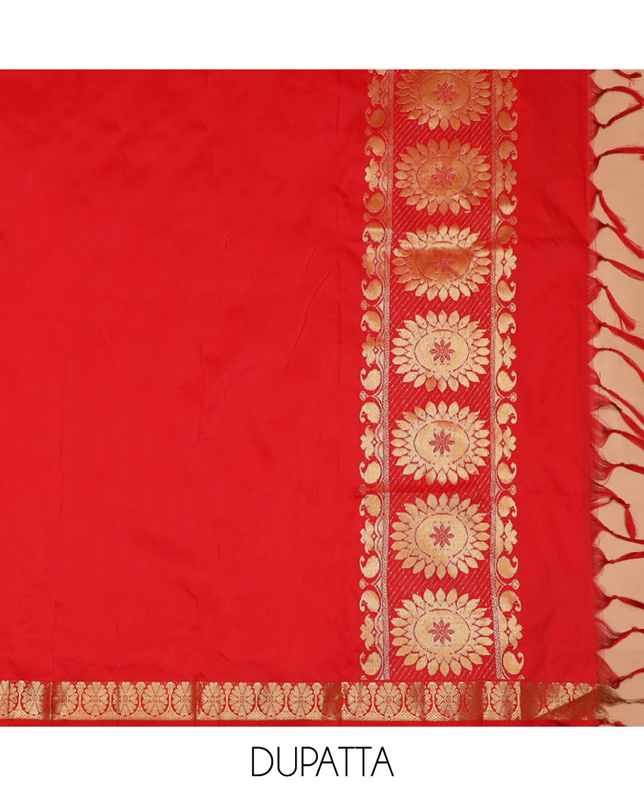 Green Art Silk Half-Saree, Majestically Detailed with Jacquard Design on Its Skirt, Complemented by a Contrast Floral Zari Border, Paired with a Contrast Jacquard Blouse, and Featuring a Dhavani Adorned with Chakram Design