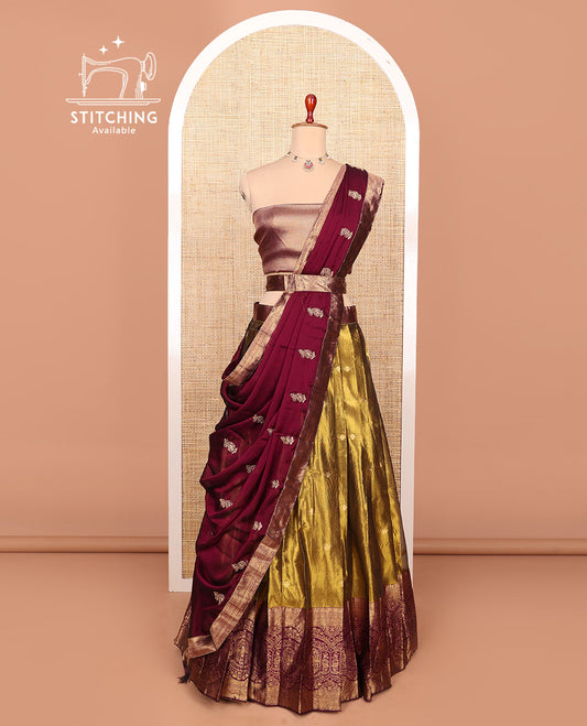 Gold-maroon zari buttas half-saree with contrast intricate Mughal motifs woven bordered skirt, brocade blouse, and a zari design dhavani