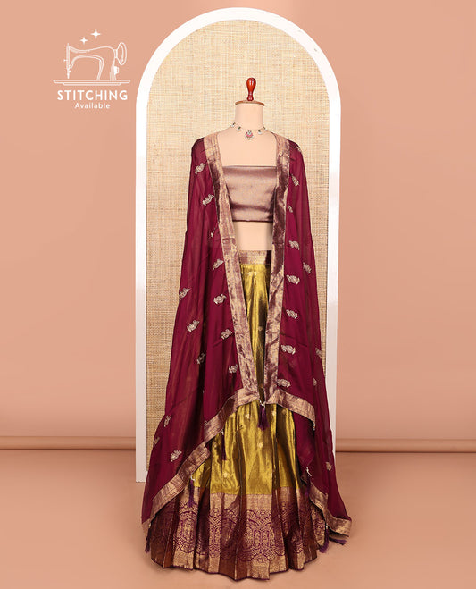 Gold-maroon zari buttas half-saree with contrast intricate Mughal motifs woven bordered skirt, brocade blouse, and a zari design dhavani