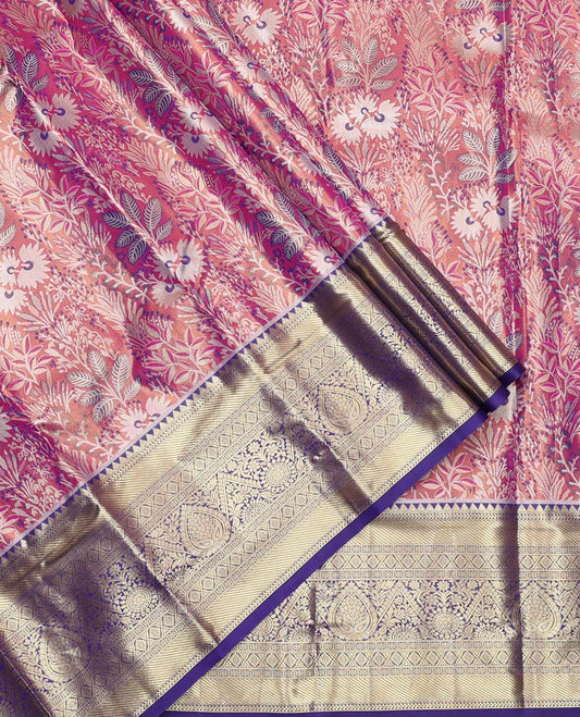 Rosewood Art Silk Material Half-Saree Set, Features Floral Jacquard Design Skirt, Complemented by Captivating Contrast Traditional Zari Designs Woven Border, Paired with a Contrast Blouse and a Intricate Dhavani