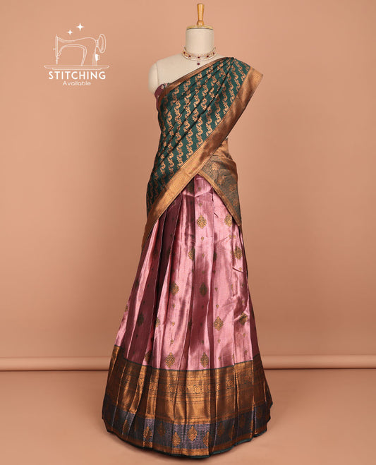 Pink floral buttas art silk half saree with contrast traditional design border, floral embroidery & striped zari design dhavani