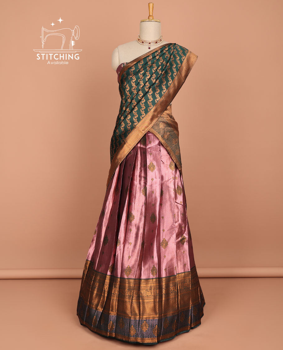 Pink floral buttas art silk half saree with contrast traditional design border, floral embroidery & striped zari design dhavani