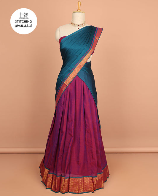Pink cotton half saree with contrast traditional border , plain blouse & plain dhavani with zari design border