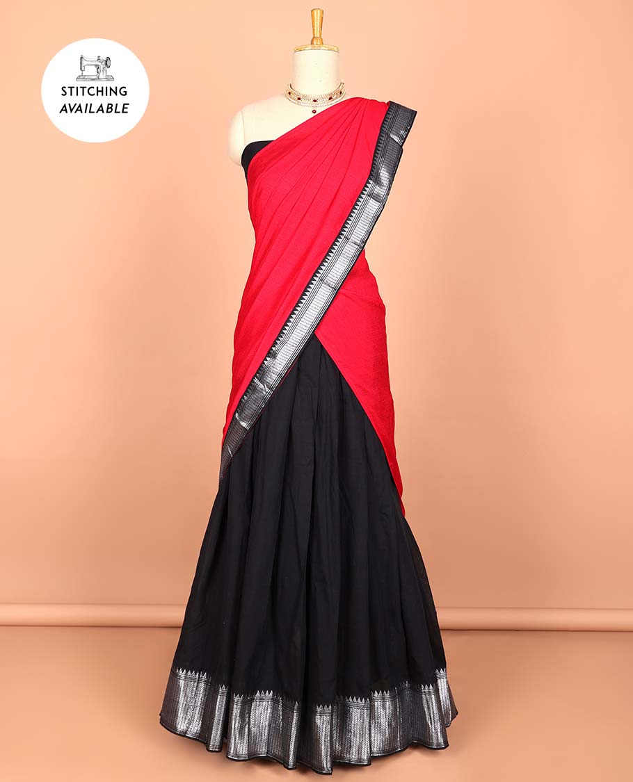 Violet cotton half saree with contrast zari border, plain blouse & plain with zari border dhavani