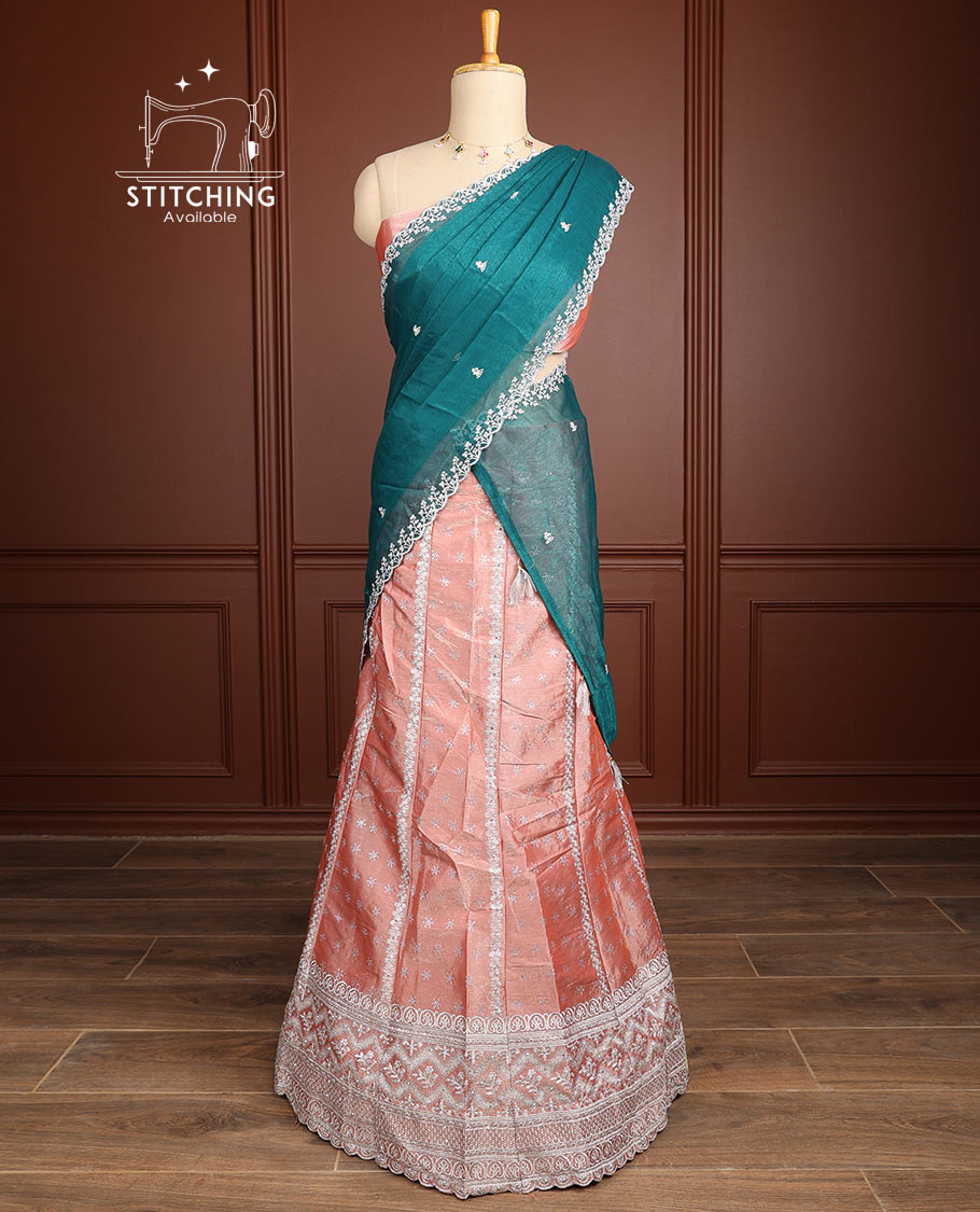 Peach floral embroidery half saree with self embroidery border, floral embroidery blouse & floral embroidery dhavani