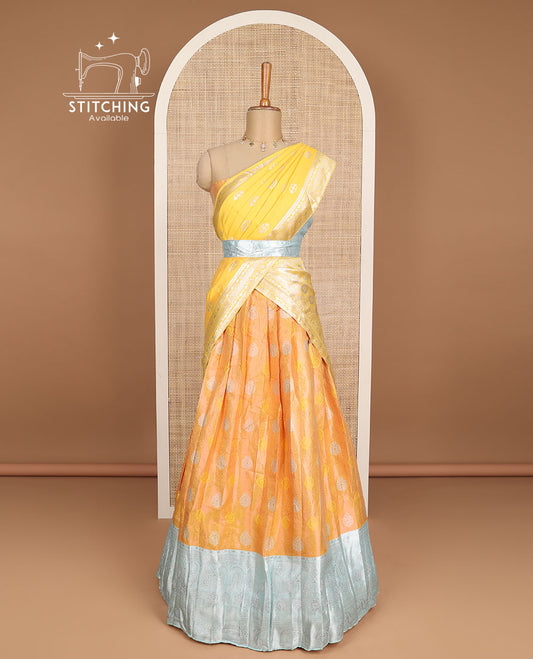 Orange floral design half saree with contrast zari design border , zari design blouse & floral zari design dhavani