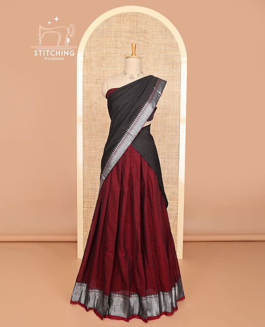 Maroon cotton half saree with self zari design border, zari design blouse & plain, temple, checked design border dhavani