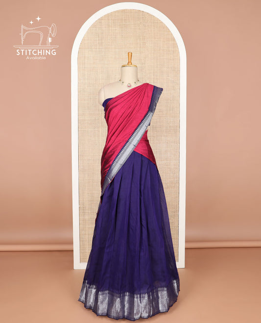 Indigo blue cotton half saree with contrast zari design border, zari design blouse & plain, zari design border dhavani