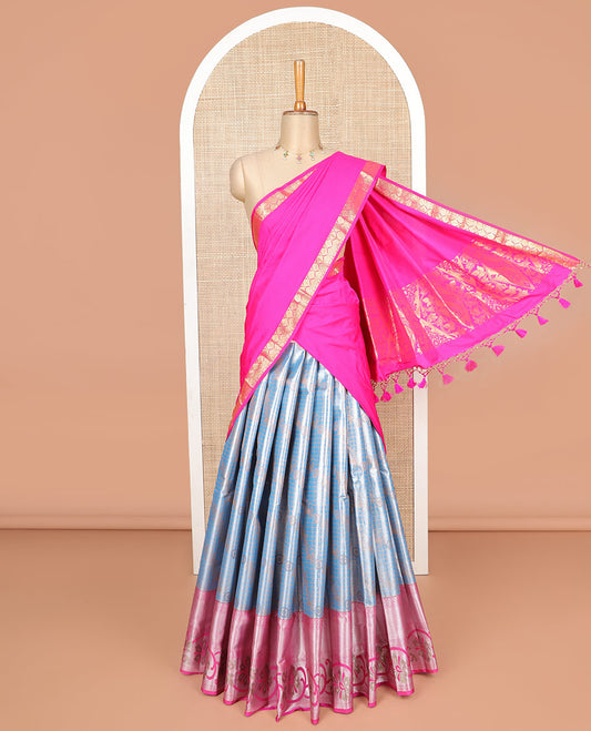 Blue checked, floral design art silk half saree with contrast intricate zari design border, zari design blouse & floral design dhavani