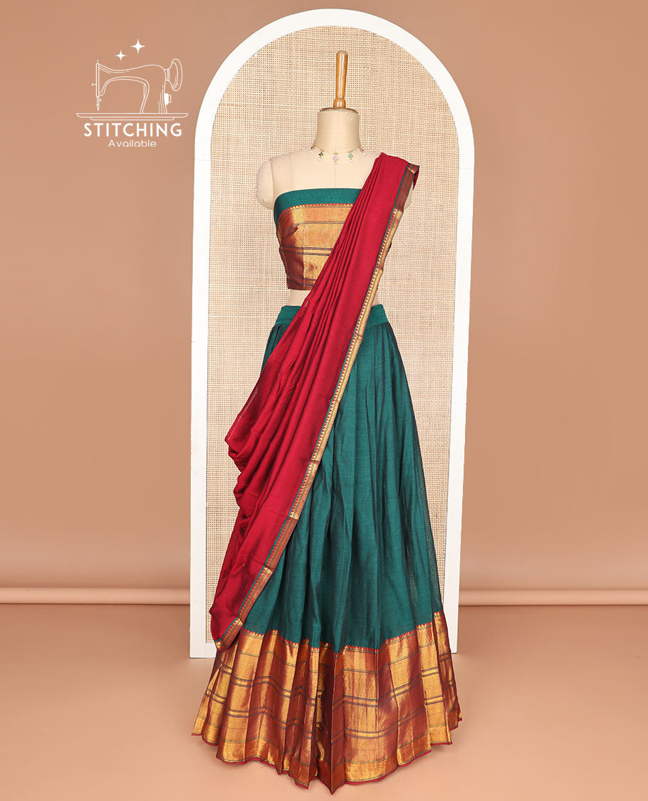 Green cotton half saree with geometric design border, zari design blouse & zari design border dhavani