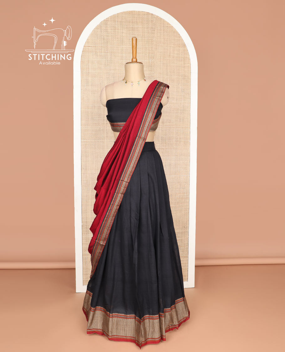 Black cotton half saree with contrast zari design border, zari design blouse & zari design border dhavani