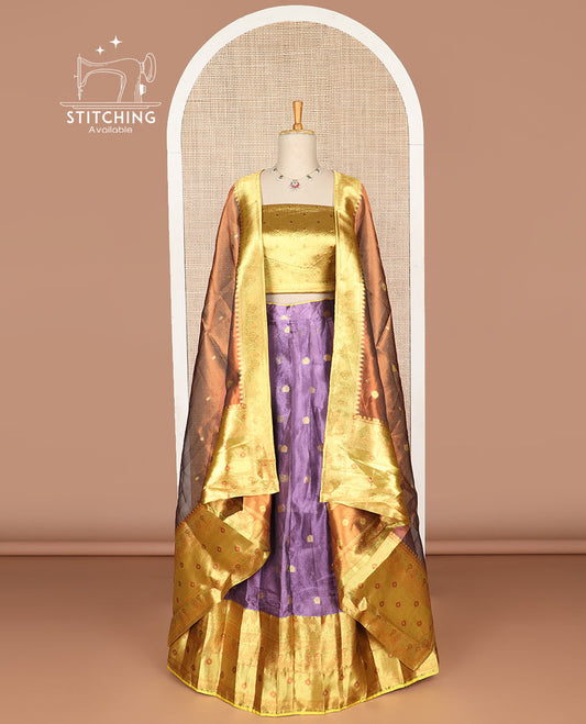 Purple buttas tissue half saree with contrast zari design border, floral design blouse & floral design dhavani