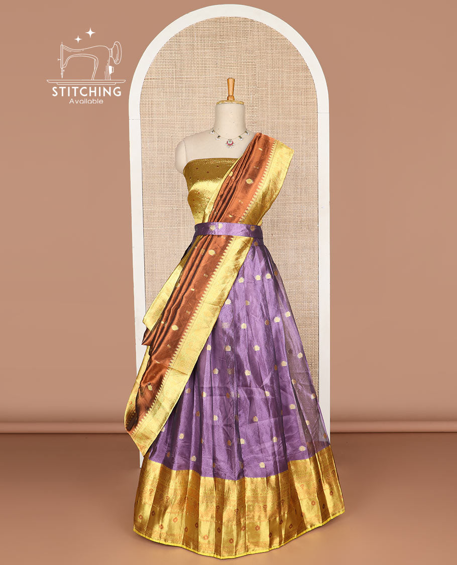 Purple buttas tissue half saree with contrast zari design border, floral design blouse & floral design dhavani