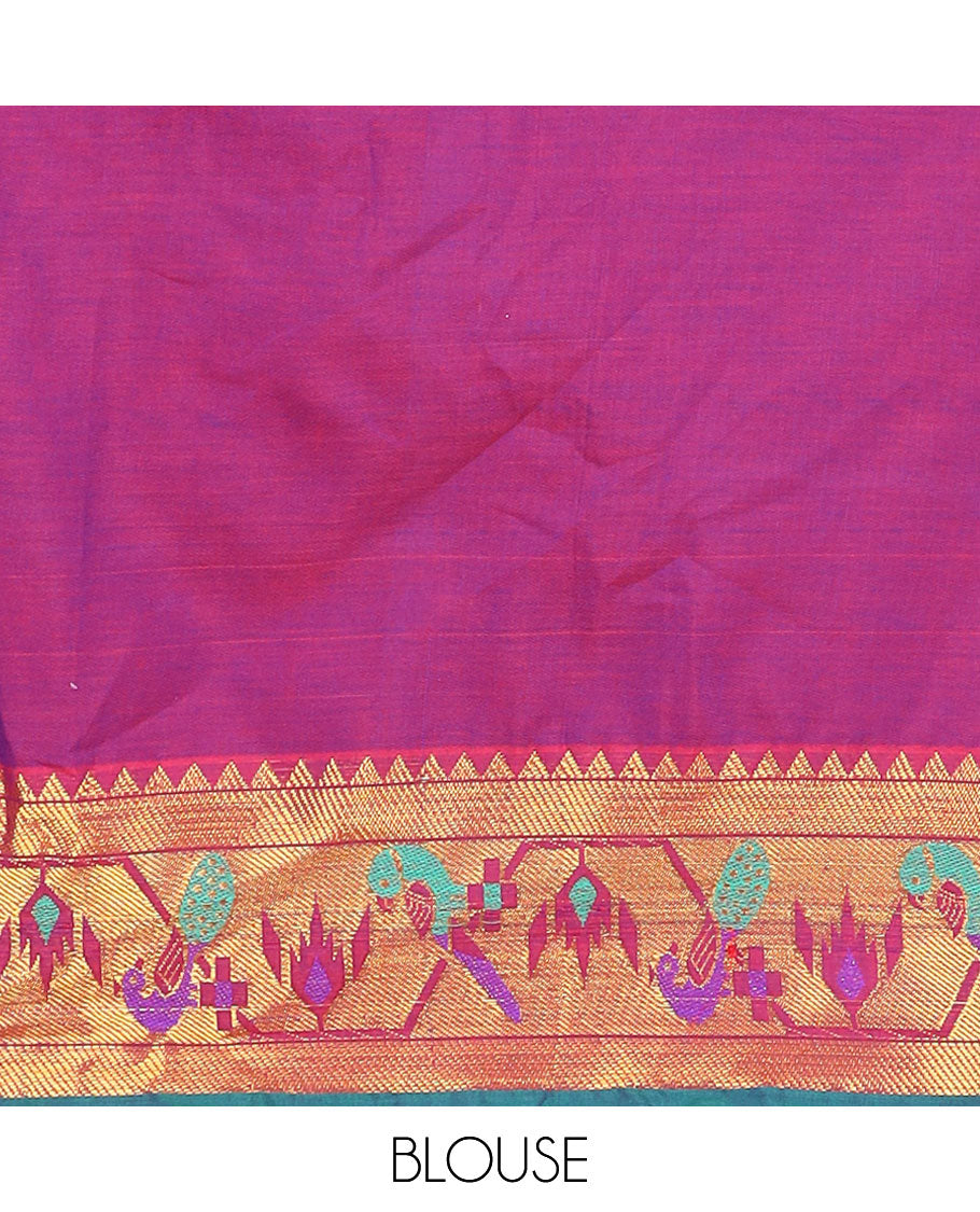Purple cotton half-saree, plain with contrast paithani bordered skirt, matching blouse, and a contrast zari border dhavani