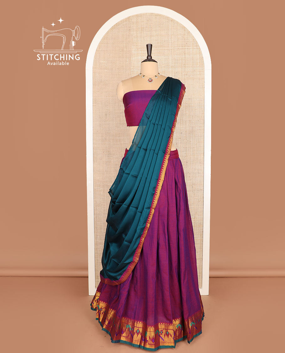 Purple cotton half-saree, plain with contrast paithani bordered skirt, matching blouse, and a contrast zari border dhavani