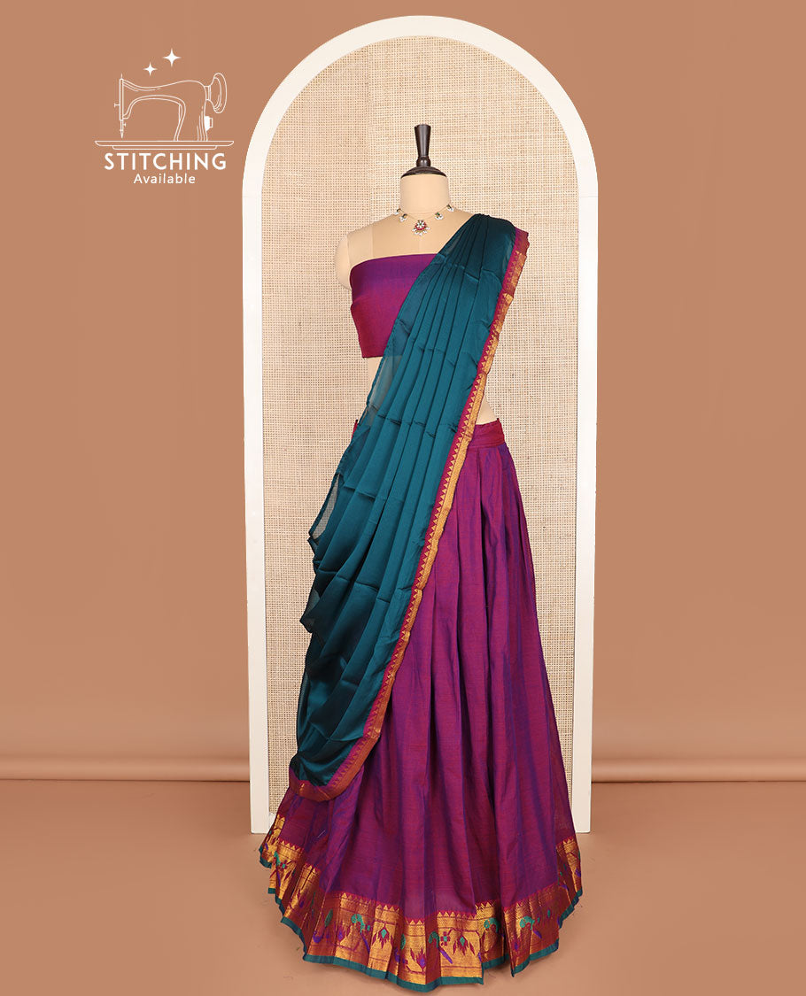 Purple cotton half-saree, plain with contrast paithani bordered skirt, matching blouse, and a contrast zari border dhavani