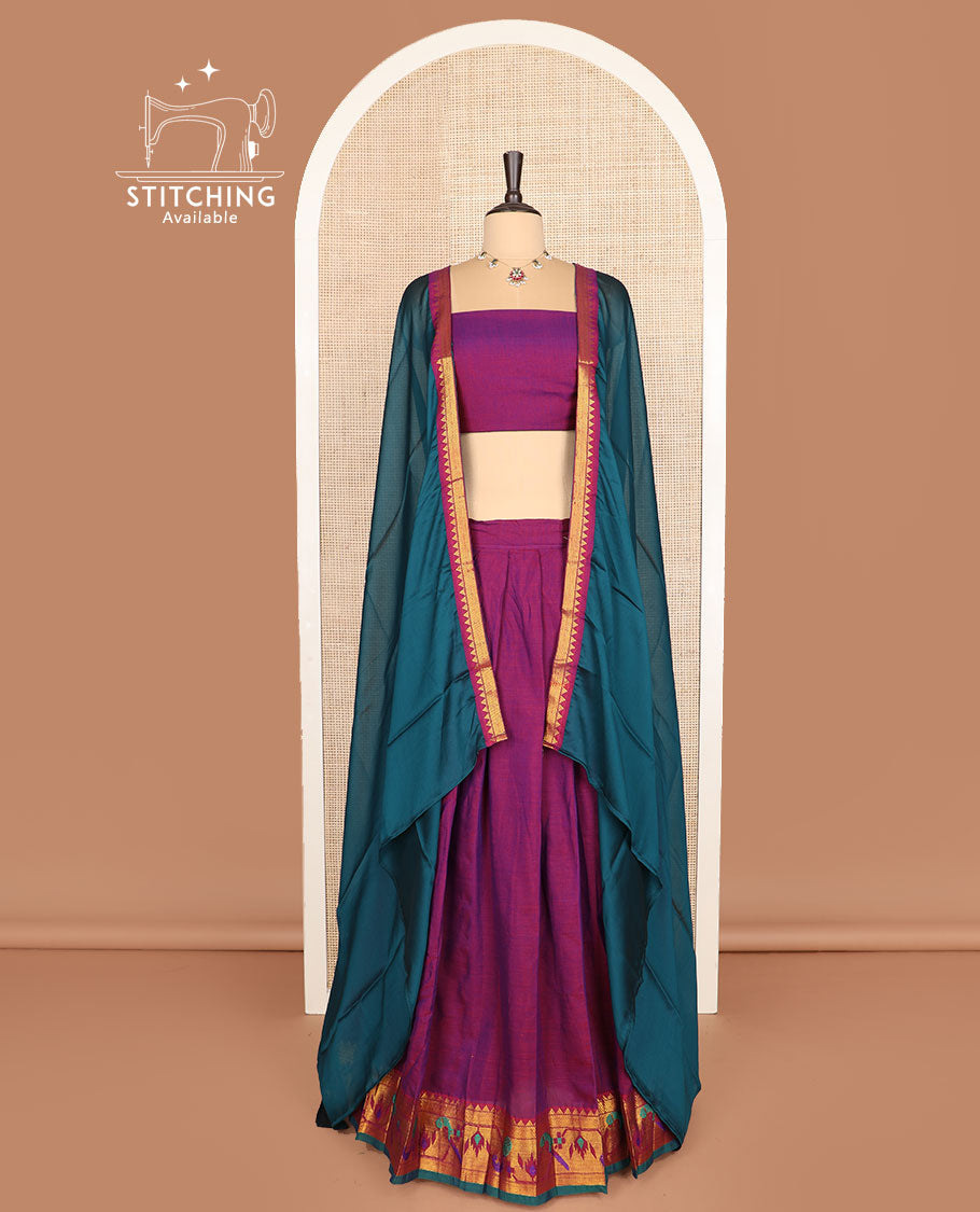 Purple cotton half-saree, plain with contrast paithani bordered skirt, matching blouse, and a contrast zari border dhavani