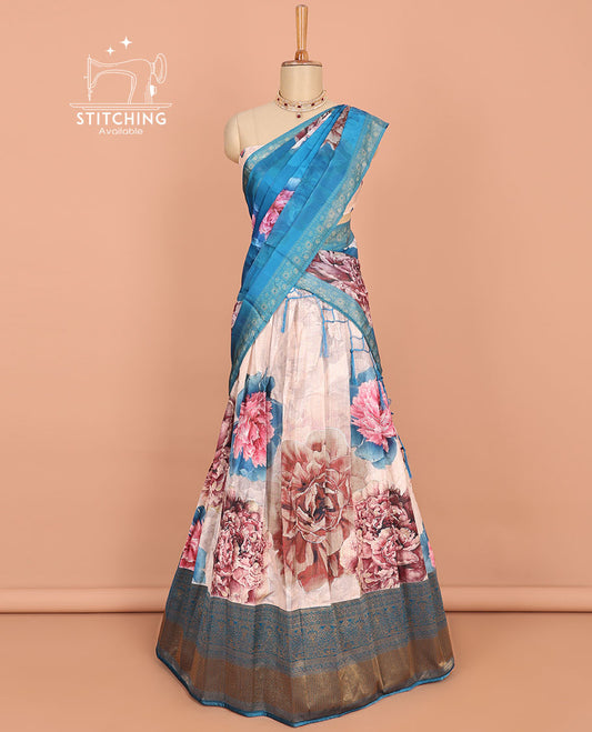 Cream floral printed art silk half saree, contrast traditional design border, jacquard blouse & floral printed dhavani