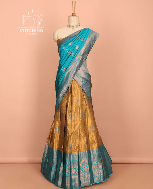 Mustard buttas art silk half saree, contrast traditional design border, zari design blouse & intricate dhavani