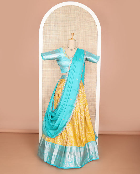 Yellow floral art silk half saree with contrast zari design border, embroidered blouse & floral embroidery dhavani