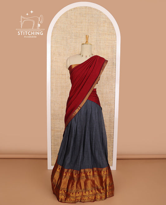 Dark grey cotton half saree with contrast intricate zari design border, zari design blouse & plain, zari design border dhavani