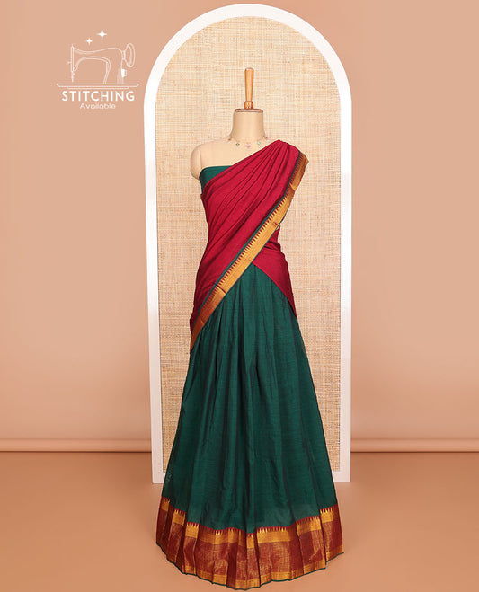 Bottle green cotton half saree with contrast traditional zari design border, zari design blouse & plain, zari design border dhavani