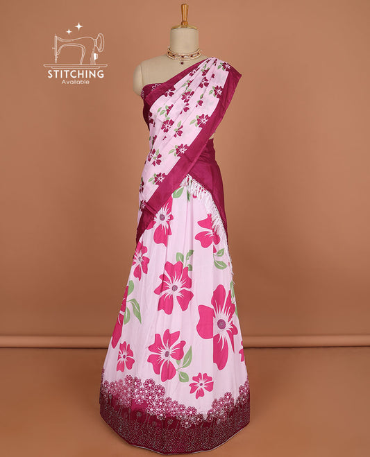 Light pink floral design half saree with contrast border, floral design blouse & floral design dhavani