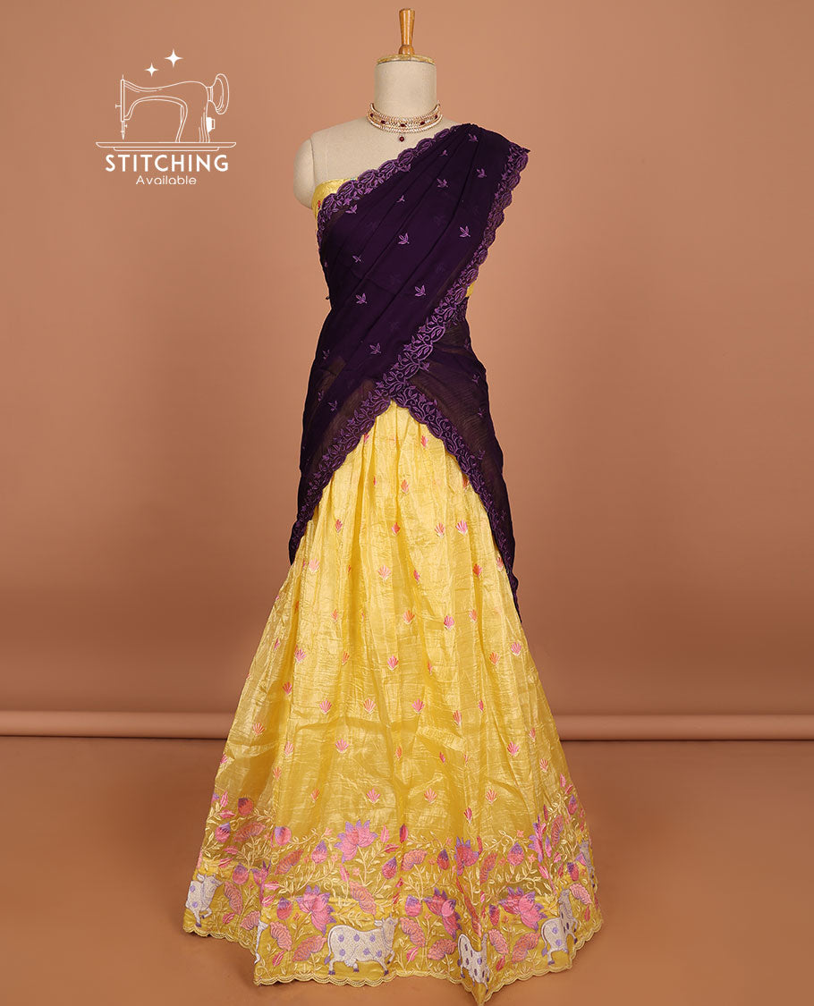 Pink pichwai design half saree with contrast border, unique design blouse & pichwai design dhavani